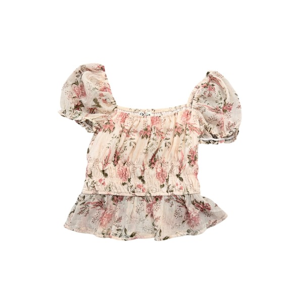 Trixxi Tops - Trixxi Floral Smocked Blouse Women Small Pink Square Neck Puff Sleeve Peplum Top